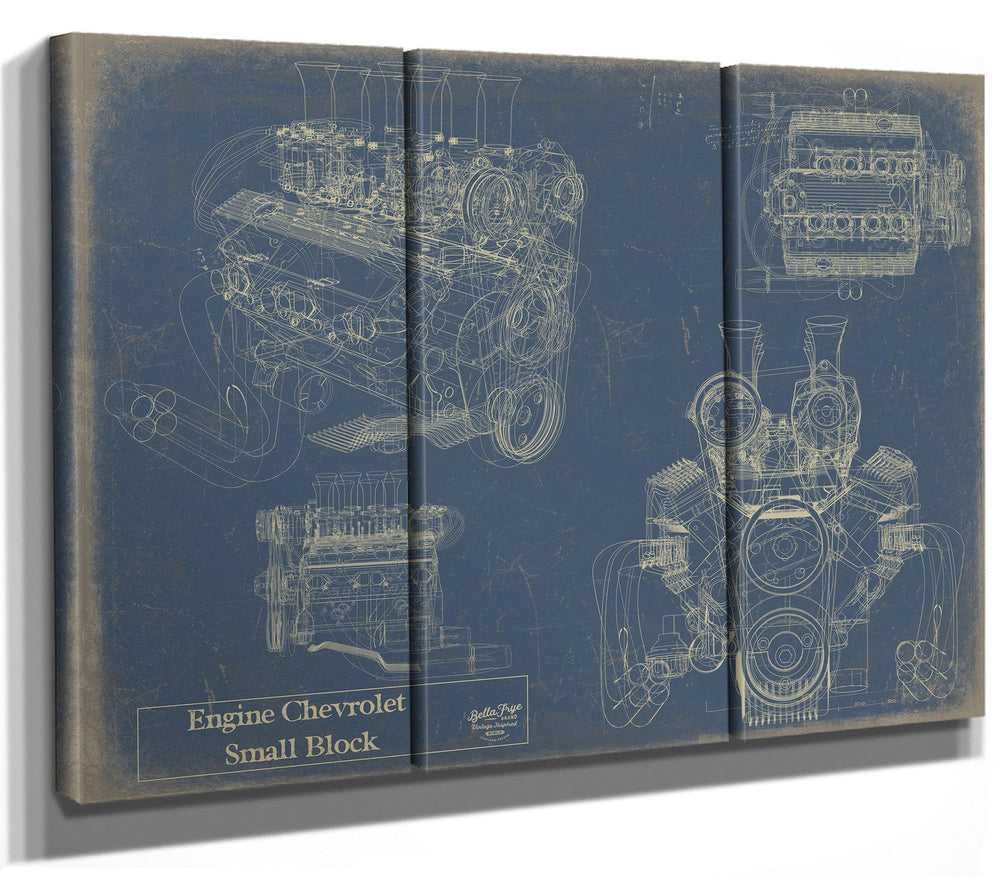 Cutler West Chevrolet Small Block engine blueprint in gold on grey stretched canvas wrap showing multiple engine views