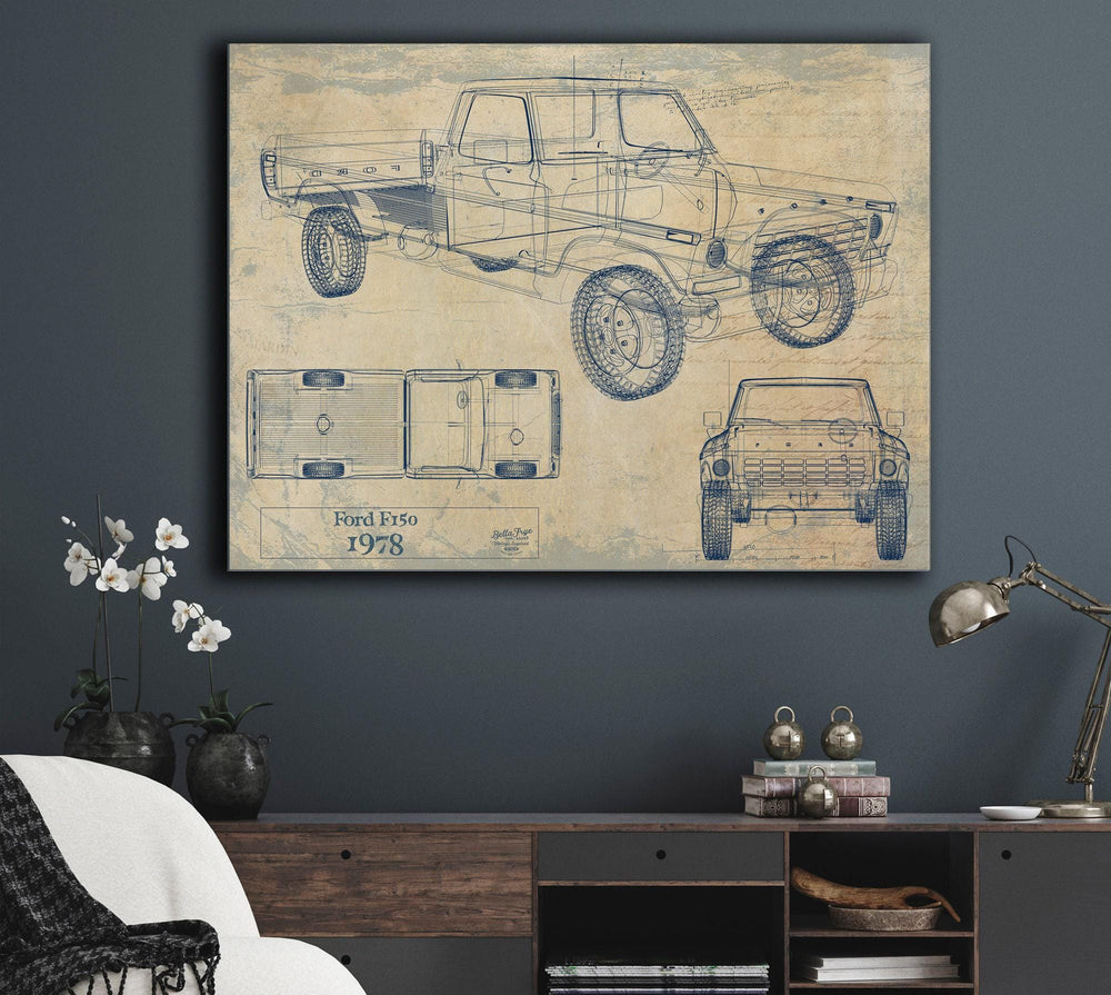 Cutler West 1978 Ford F150 blueprint print on stretched canvas wrap with side, top, and front elevation views on blue background