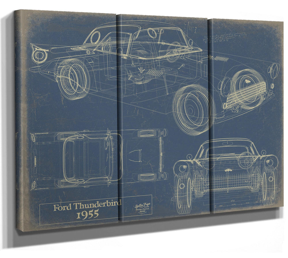 Cutler West Ford Thunderbird 1955 blueprint print on grey stretched canvas showing side, top, and front views in gold lines