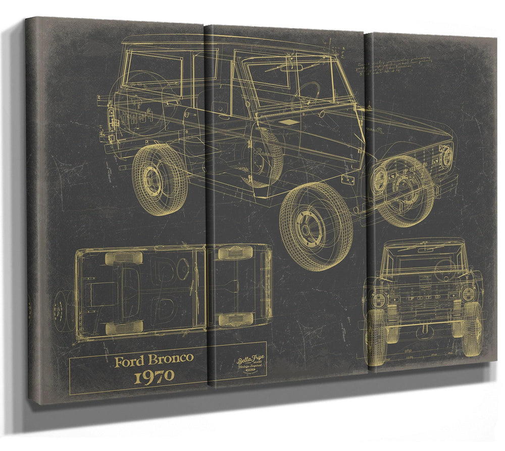 Cutler West 1970 Ford Bronco technical blueprint with multiple views on tan canvas wrap