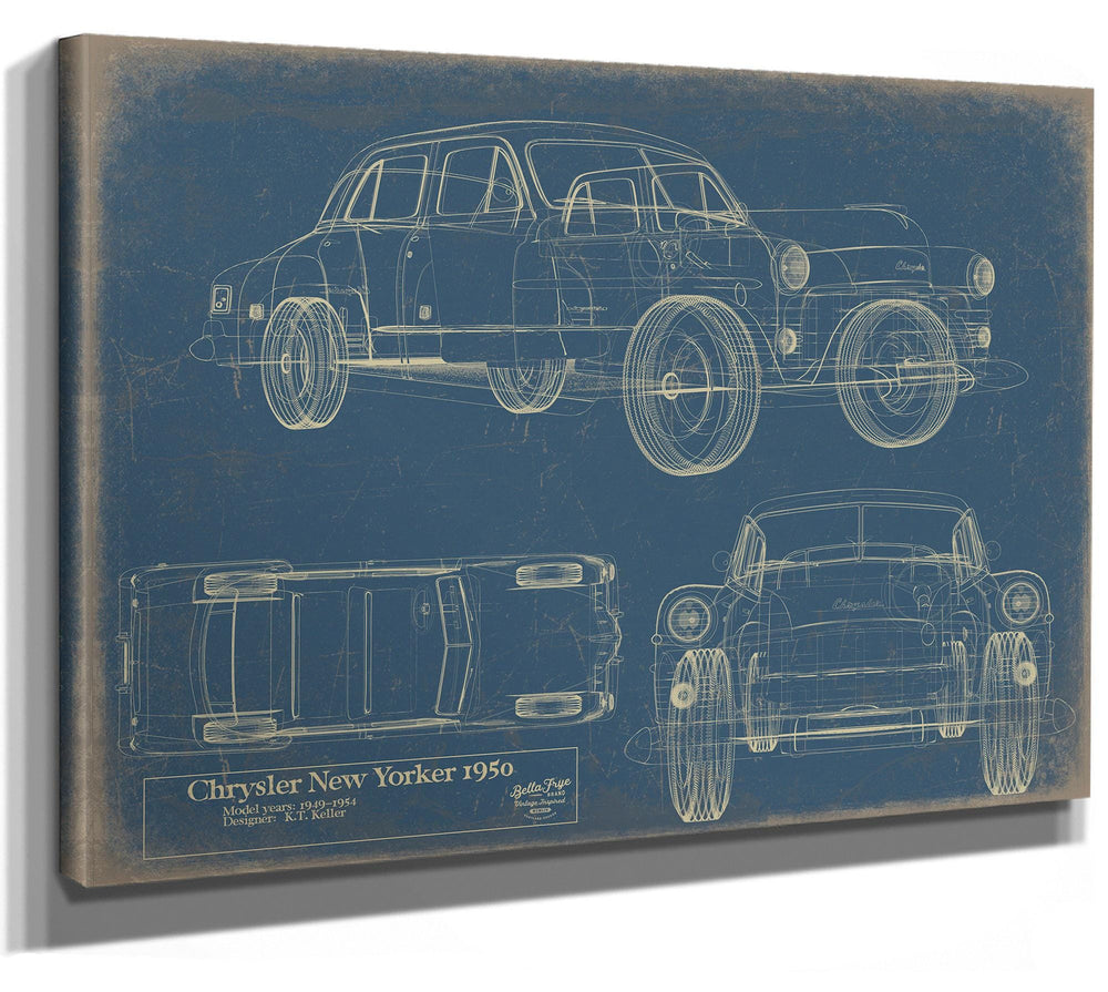Cutler West Chrysler New Yorker 1950 blueprint showing multiple vehicle views on blue background, stretched canvas wrap