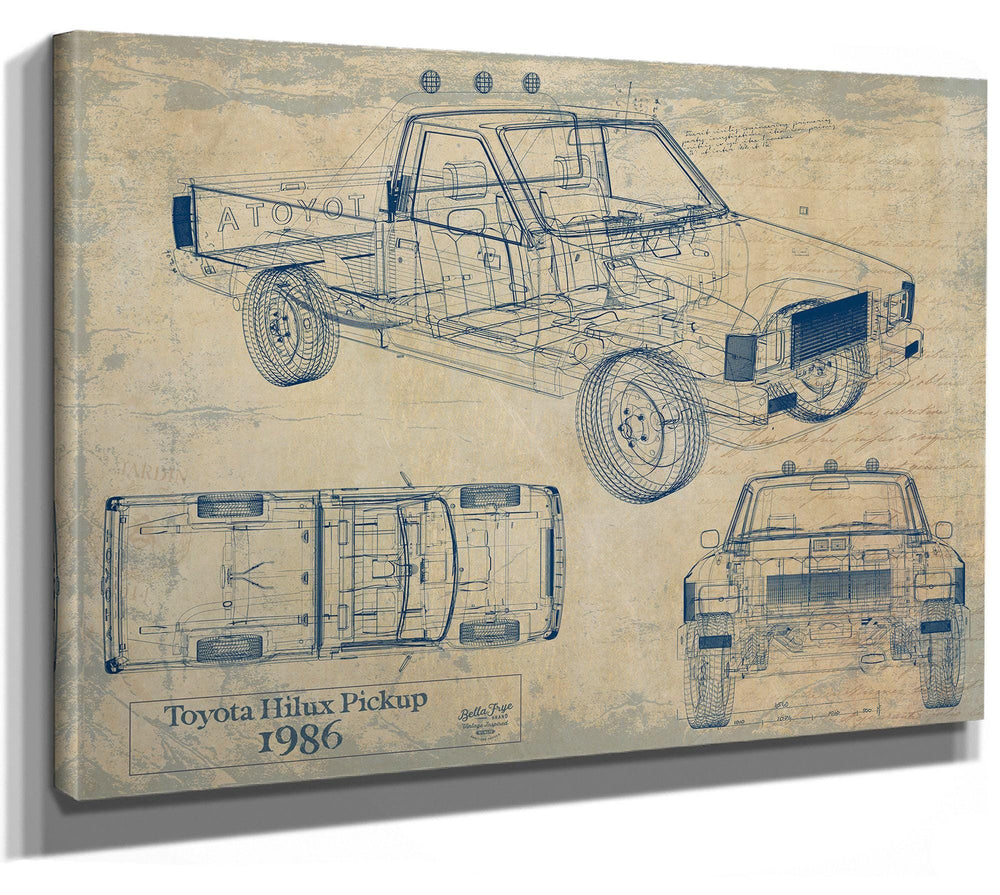Cutler West Toyota Hilux Pickup 1986 technical blueprint on brown canvas wrap showing three vehicle views