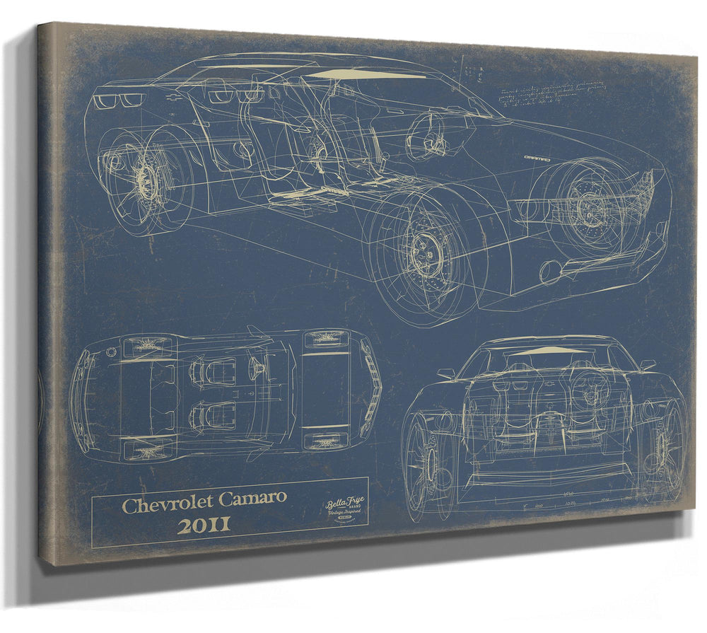 Cutler West 2011 Chevrolet Camaro blueprint with multiple views on blue background, stretched canvas wrap