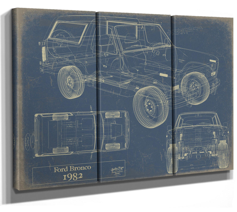 Cutler West 1982 Ford Bronco blueprint print on brown stretched canvas showing side, top, and rear views
