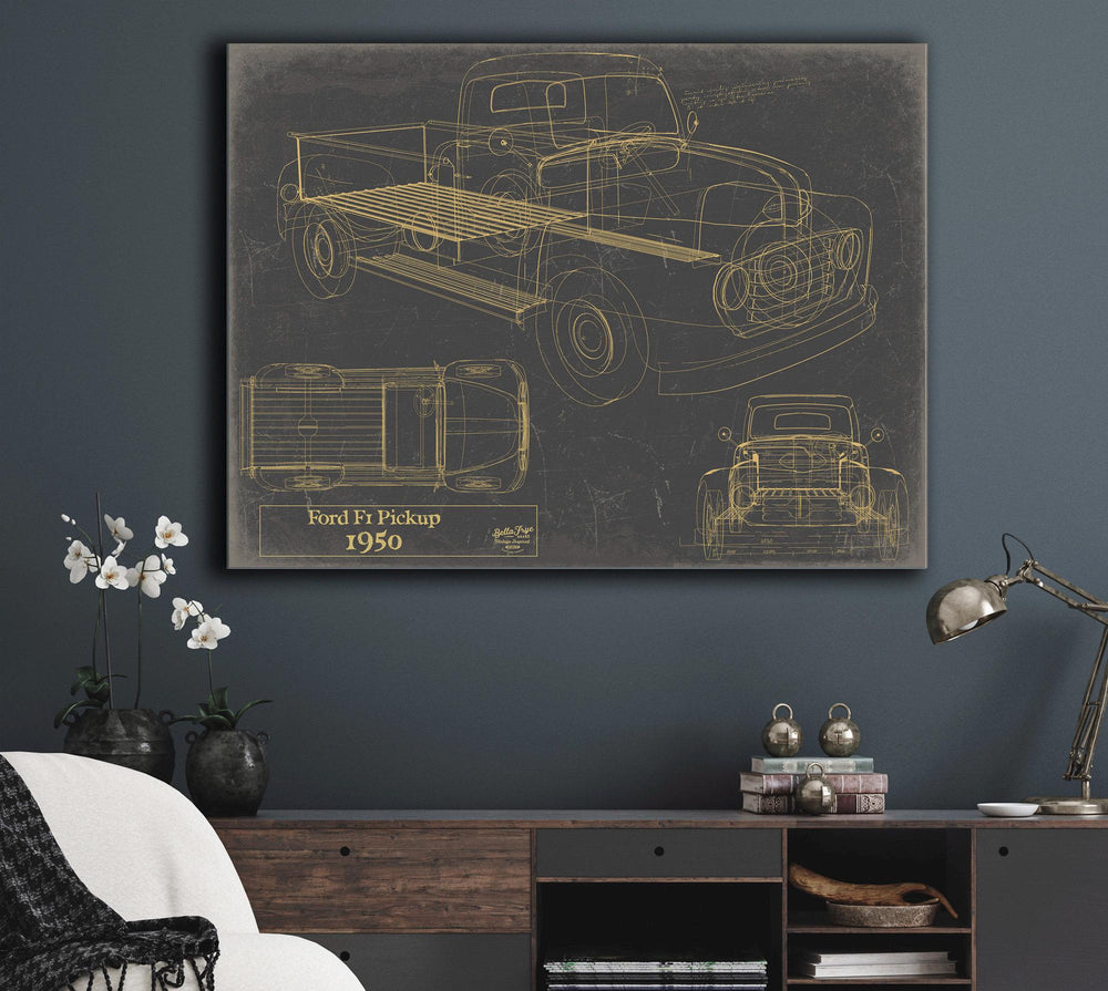Cutler West Ford F1 Pickup 1950 blueprint sketch on brown canvas wrap showing side, top and rear views