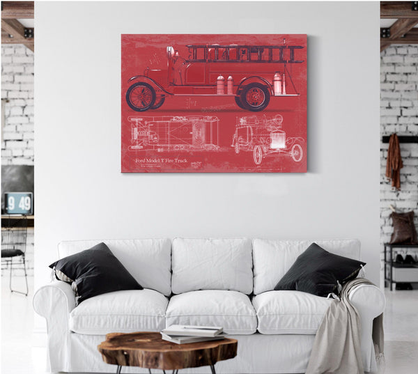 Cutler West Ford Model T Fire Truck Blueprint: Vintage Automotive Wall Art