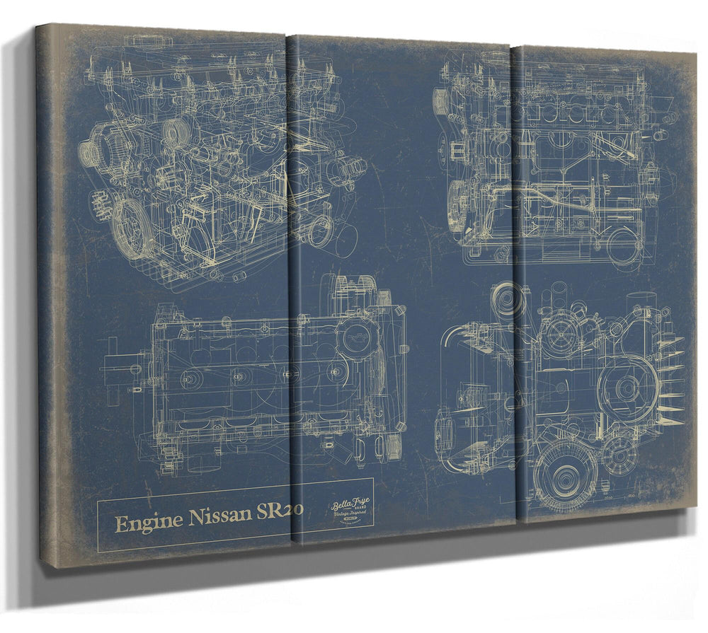 Cutler West Nissan SR20 engine blueprint technical drawings on brown canvas wrap