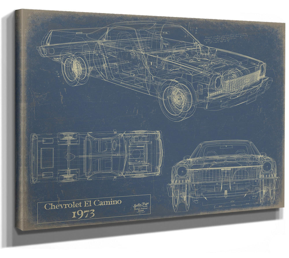 Cutler West 1973 Chevrolet El Camino blueprint with side, top, and front views on blue stretched canvas