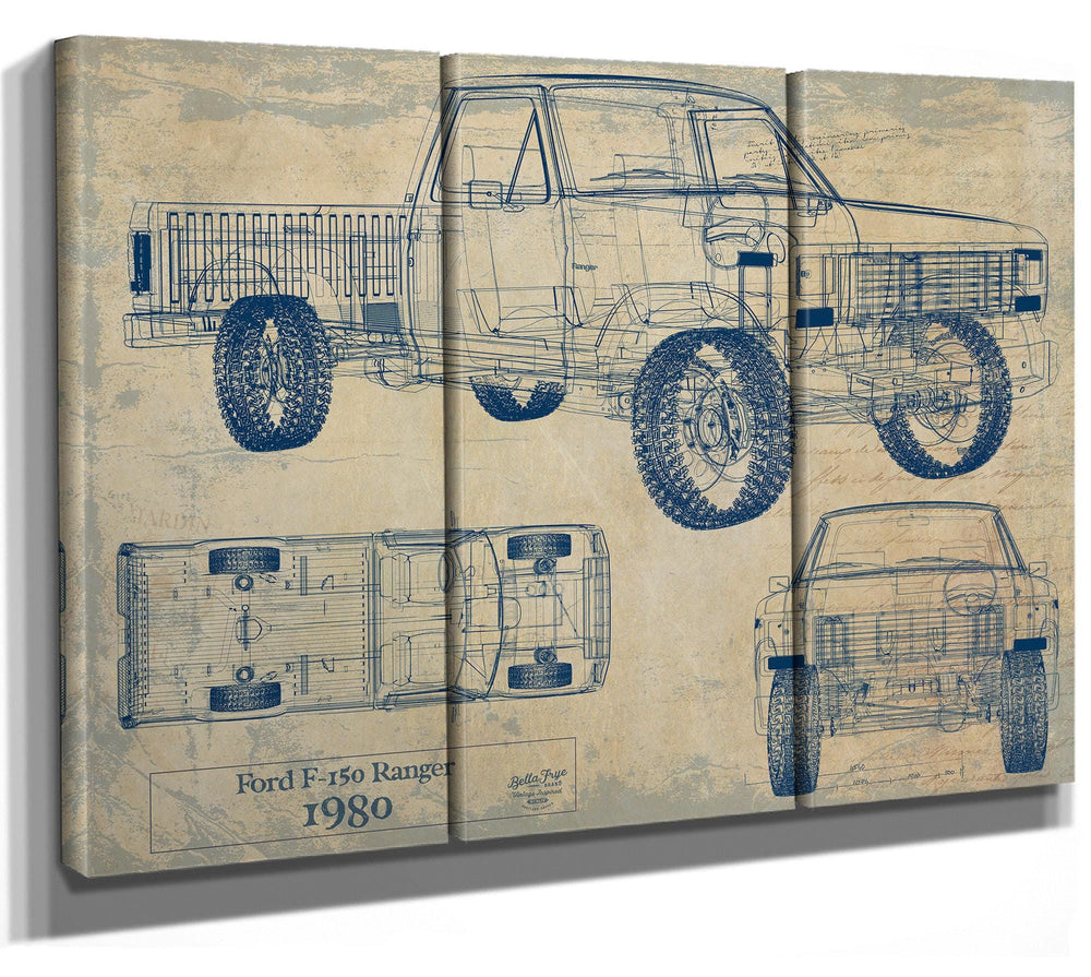 Cutler West Ford F-150 Ranger 1980 blueprint with multiple vehicle views on blue background stretched canvas