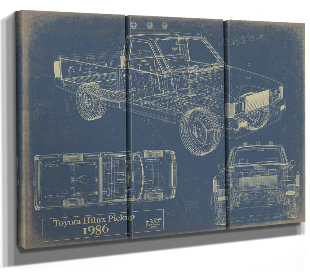 Cutler West Toyota Hilux Pickup 1986 technical blueprint on brown canvas wrap showing three vehicle views