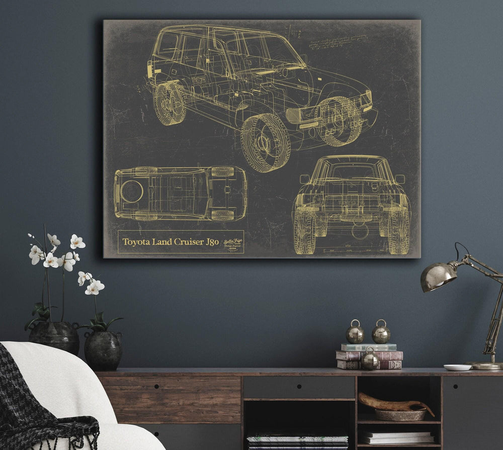 Cutler West Toyota Land Cruiser J89 blueprint art on stretched canvas wrap with blue background showing top, front, and side views