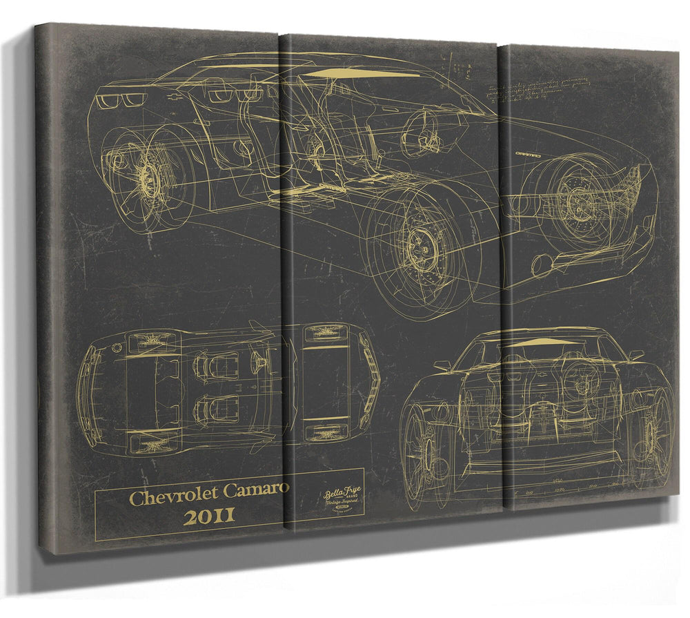 Cutler West 2011 Chevrolet Camaro blueprint with multiple views on blue background, stretched canvas wrap