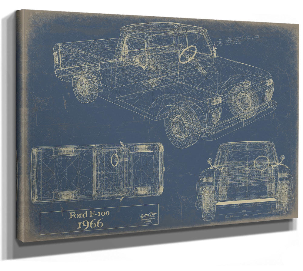 Cutler West 1966 Ford F-100 blueprint print on stretched canvas wrap with blue background showing side, top, and front views