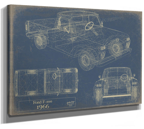 Cutler West 1966 Ford F-100 blueprint print on stretched canvas wrap with blue background showing side, top, and front views