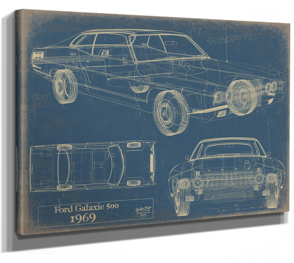 Cutler West 1969 Ford Galaxie 500 blueprint art on blue background, stretched canvas wrap showing side, top, and front views