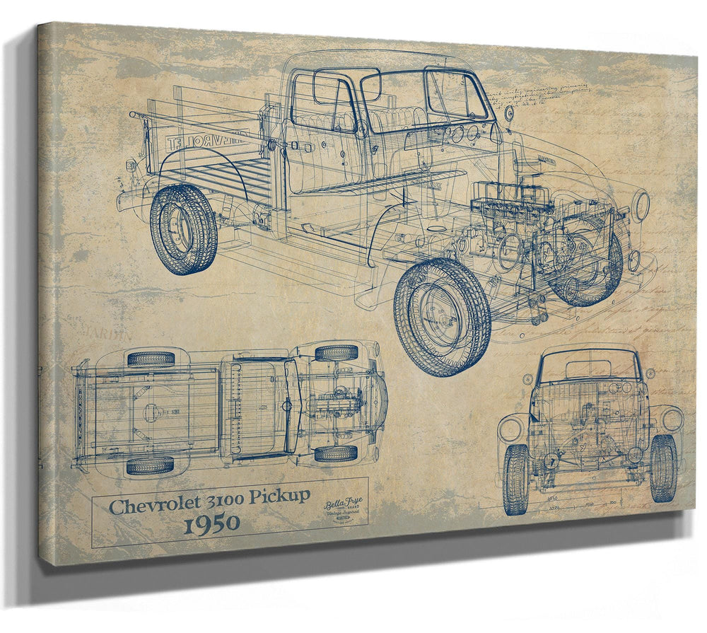 Cutler West 1950 Chevrolet 3100 Pickup technical blueprint on brown stretched canvas with multiple view angles