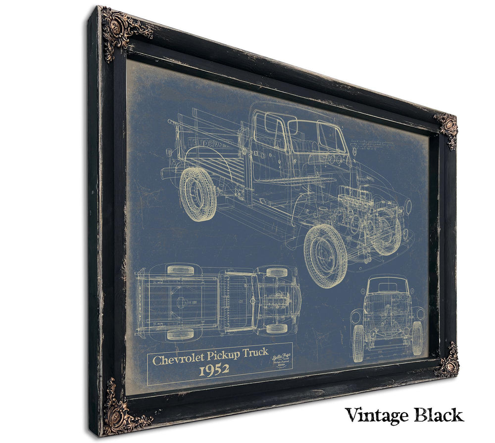 Cutler West 1952 Chevrolet Pickup Truck blueprint print in black frame on blue background showing side, top and front views