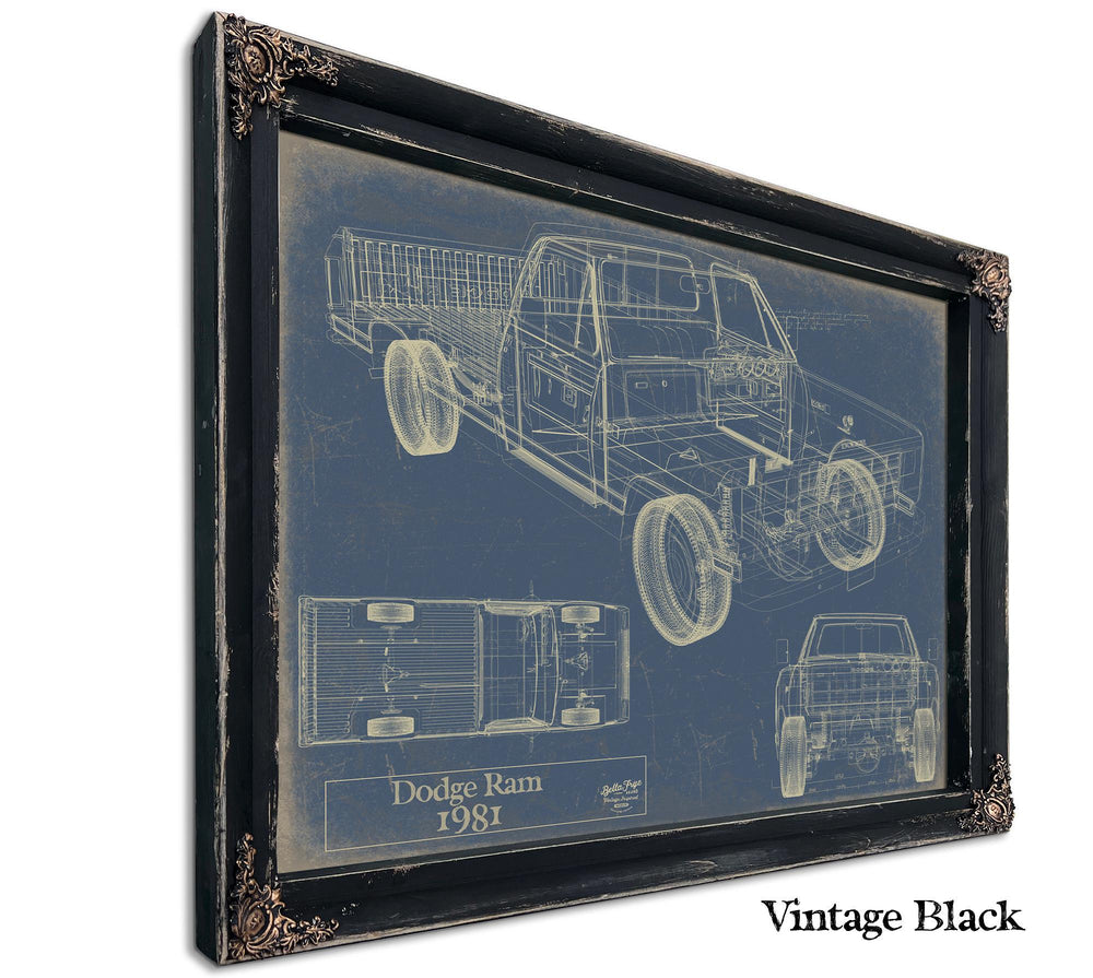 Cutler West 1981 Dodge Ram blueprint print with side, top, and front views on blue background in black wood frame