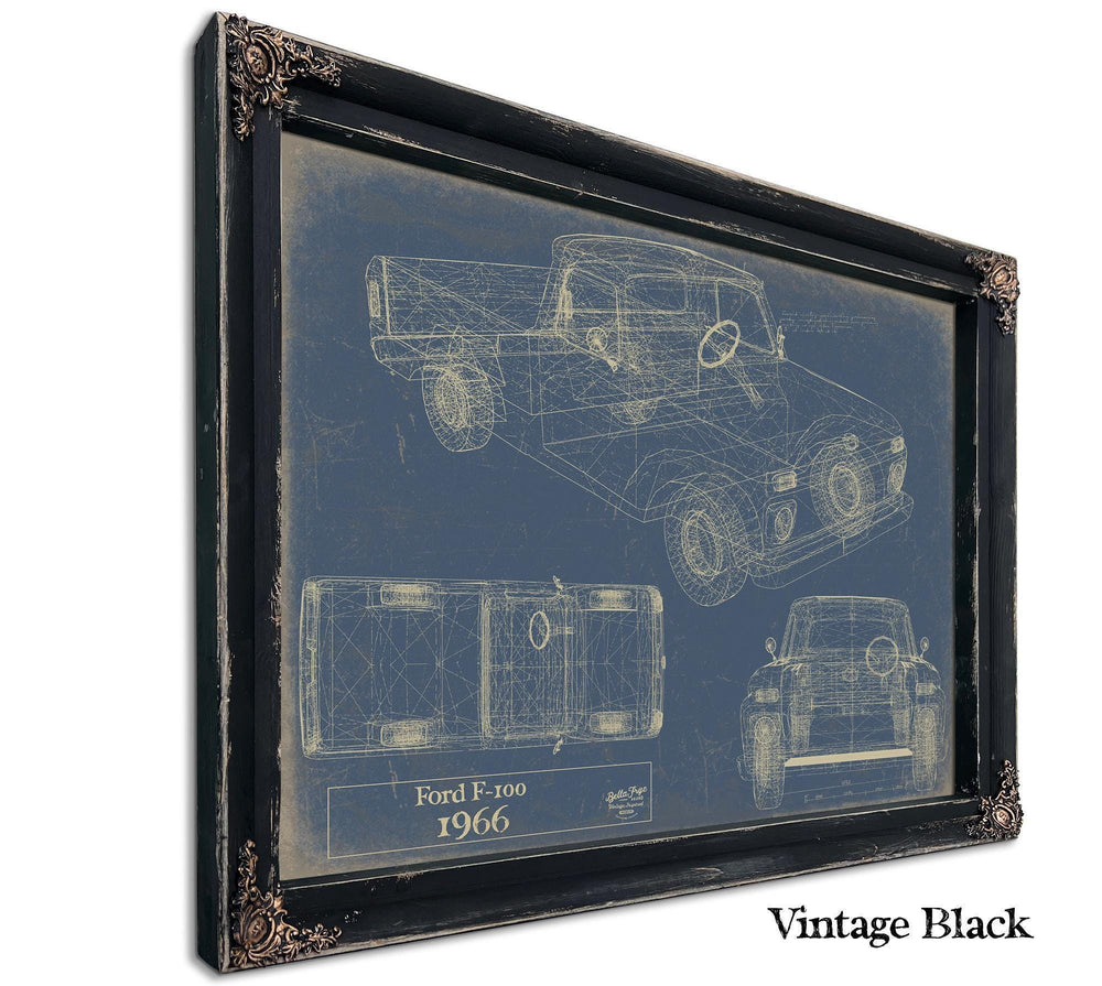 Cutler West 1966 Ford F-100 blueprint print on stretched canvas wrap with blue background showing side, top, and front views