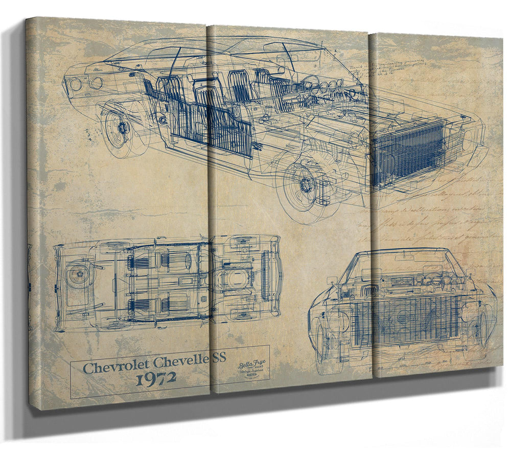 Cutler West 1972 Chevrolet Chevelle SS technical blueprint drawing on grey stretched canvas with three vehicle angles