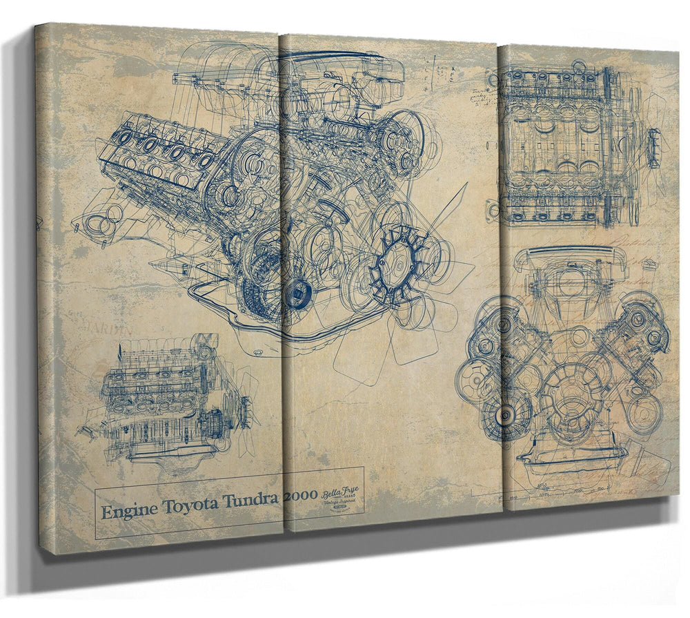 Cutler West Toyota Tundra 2000 engine blueprint technical drawings on grey stretched canvas