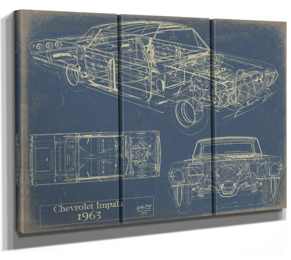 Cutler West 1963 Chevrolet Impala technical blueprint drawing on brown canvas wrap showing side, top, and front views