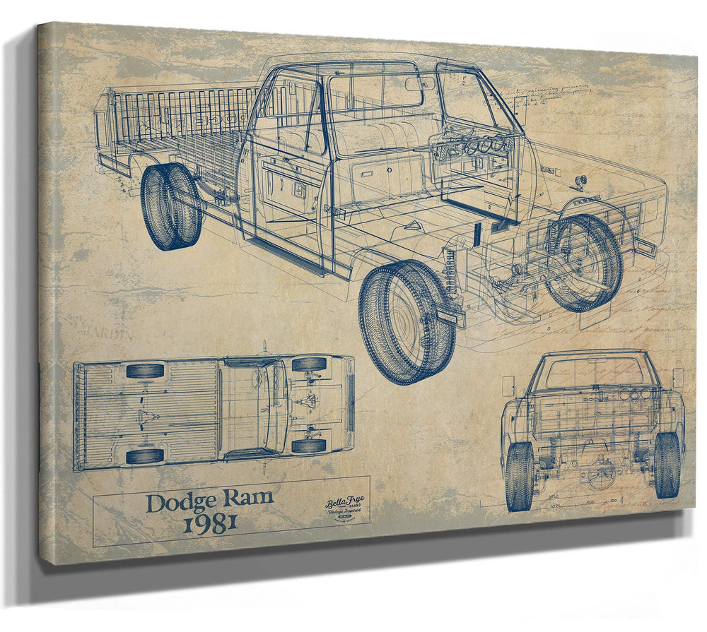 Cutler West 1981 Dodge Ram blueprint print with side, top, and front views on blue background in black wood frame
