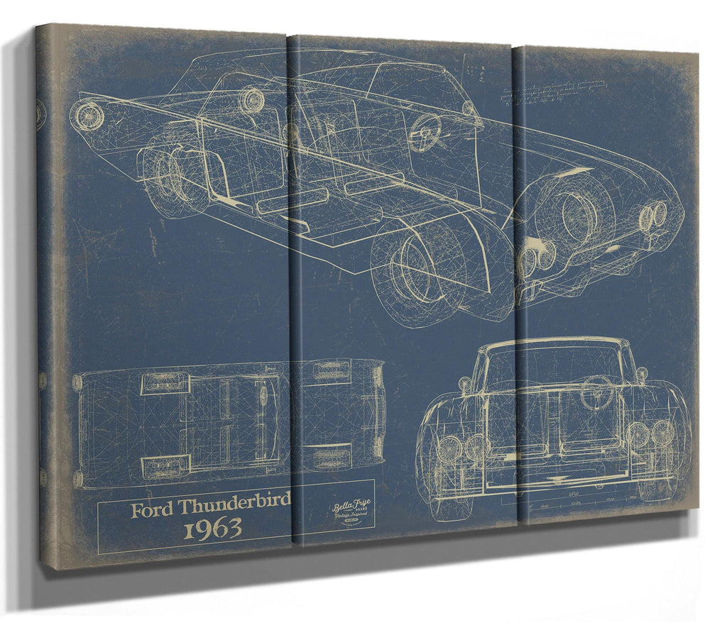 Cutler West 1963 Ford Thunderbird blueprint with top, front, and side elevation views on tan canvas wrap
