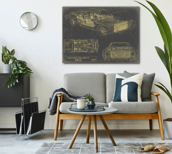 Cutler West Vintage 1972 Chevelle Car Model Print, Original Blueprint Canvas