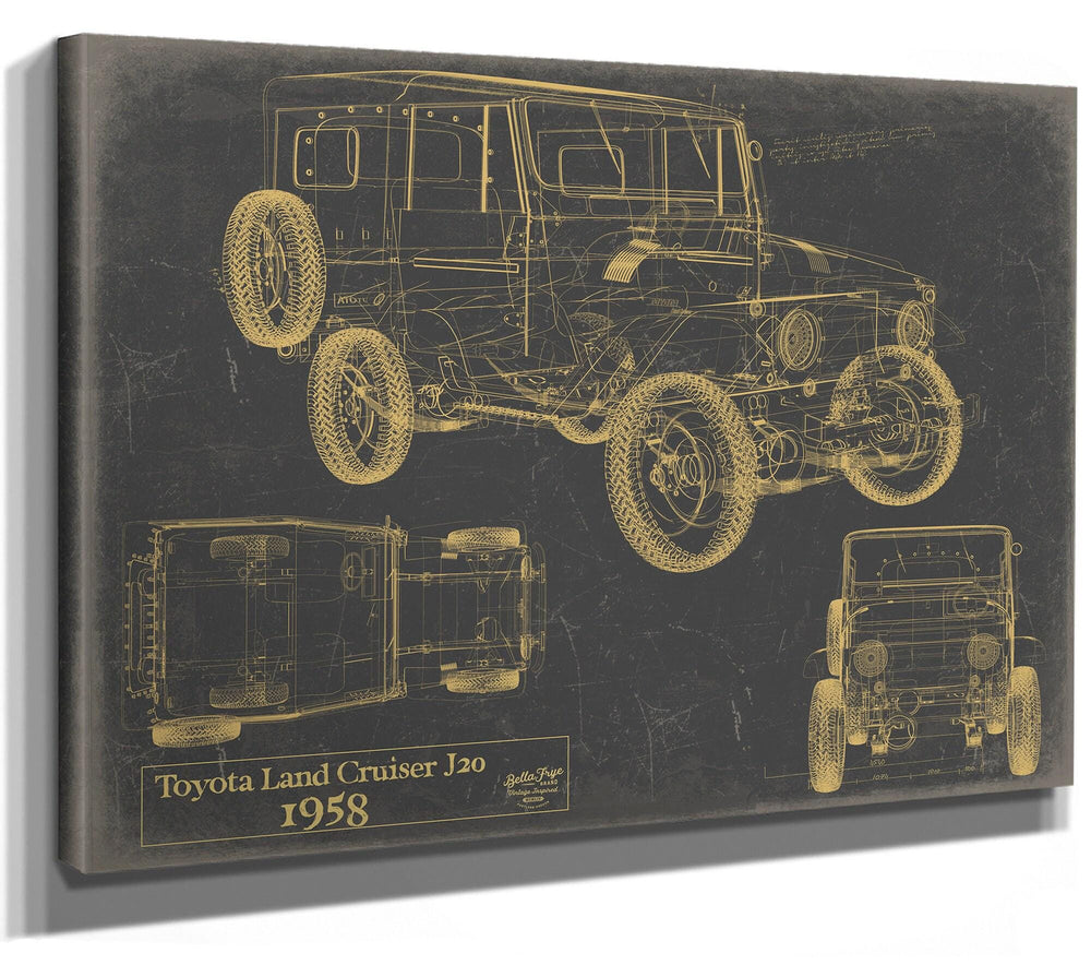 Cutler West Toyota Land Cruiser J20 1958 technical blueprint with multiple views in gold on grey stretched canvas