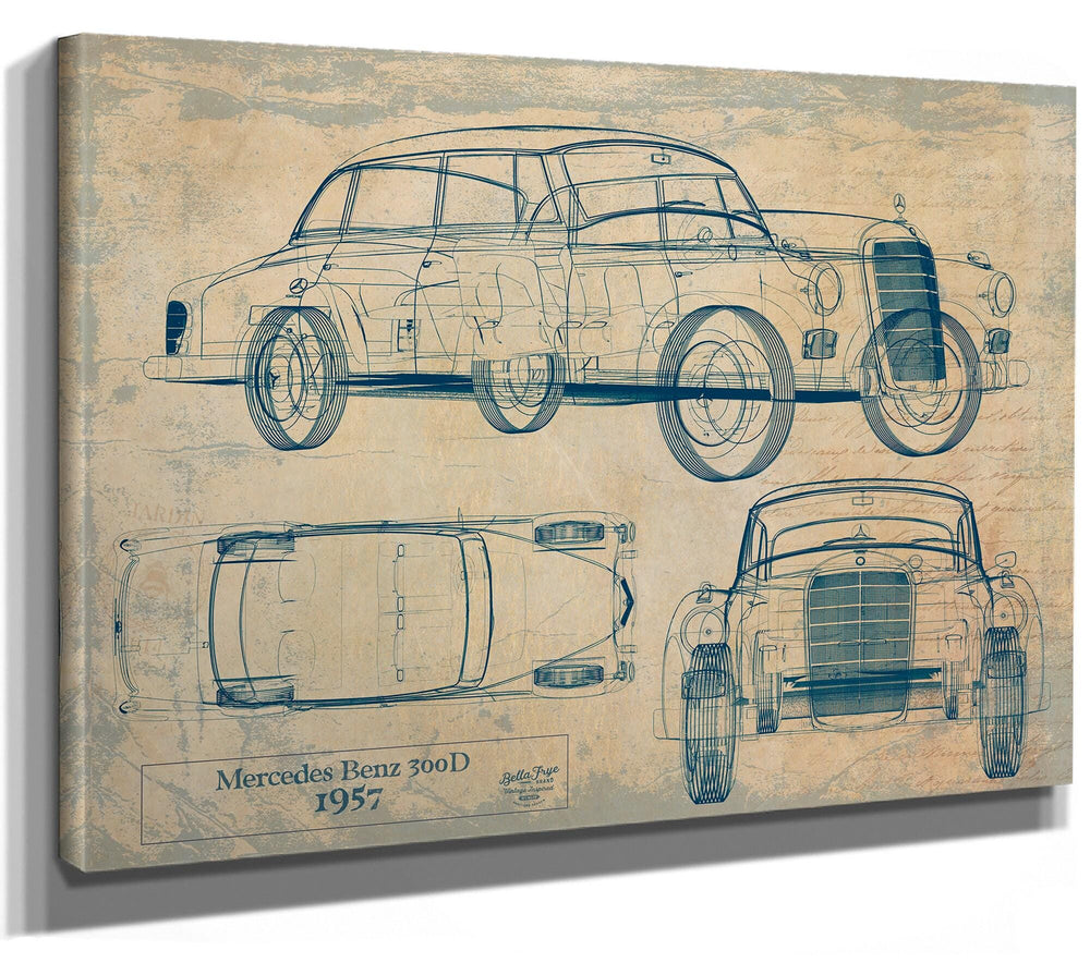 Cutler West Mercedes Benz 300D 1957 technical blueprint with side, top, and front views on sepia canvas