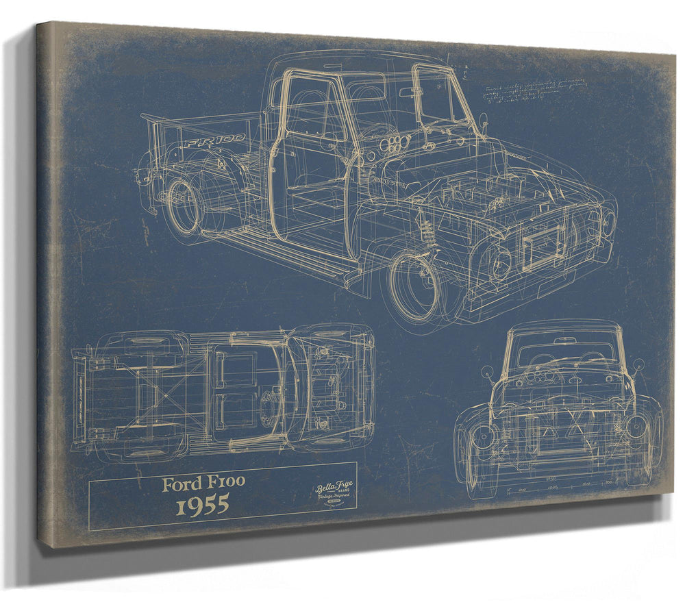 Cutler West 1955 Ford F100 blueprint with three views on blue stretched canvas