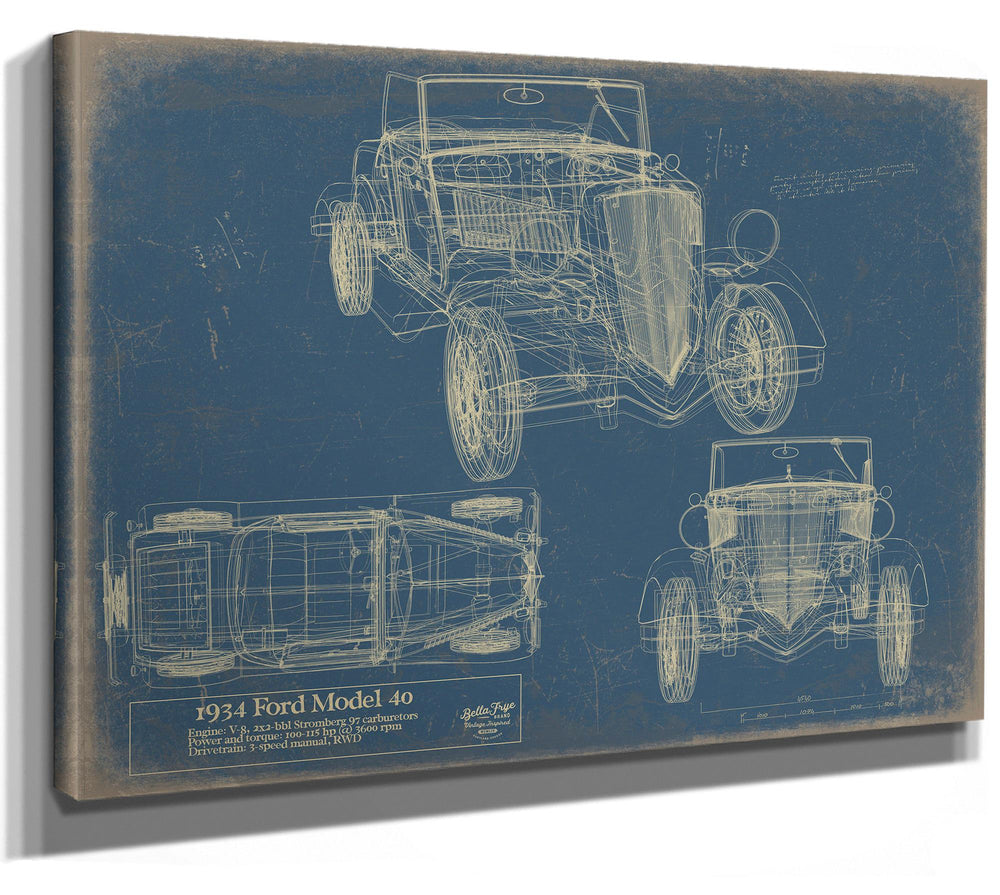 Cutler West 1934 Ford Model 40 blueprint with three vehicle views on blue background, stretched canvas wrap