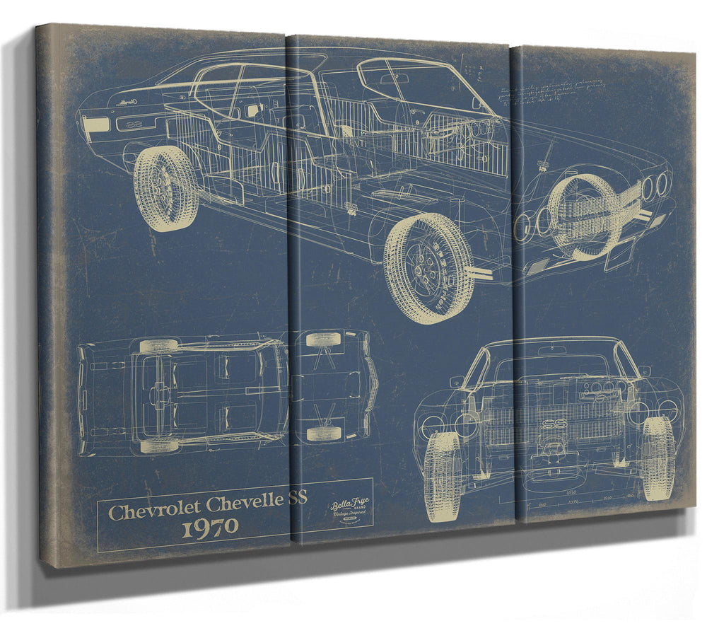 Cutler West 1970 Chevrolet Chevelle SS blueprint on brown stretched canvas with side, top, and front elevation views