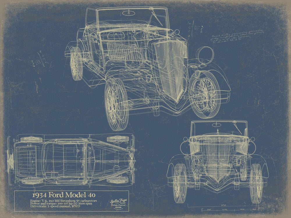 Cutler West 1934 Ford Model 40 blueprint with three vehicle views on blue background, stretched canvas wrap