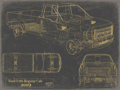 Cutler West 2009 Ford F250 Regular Cab blueprint with multiple views on grey background fine art print