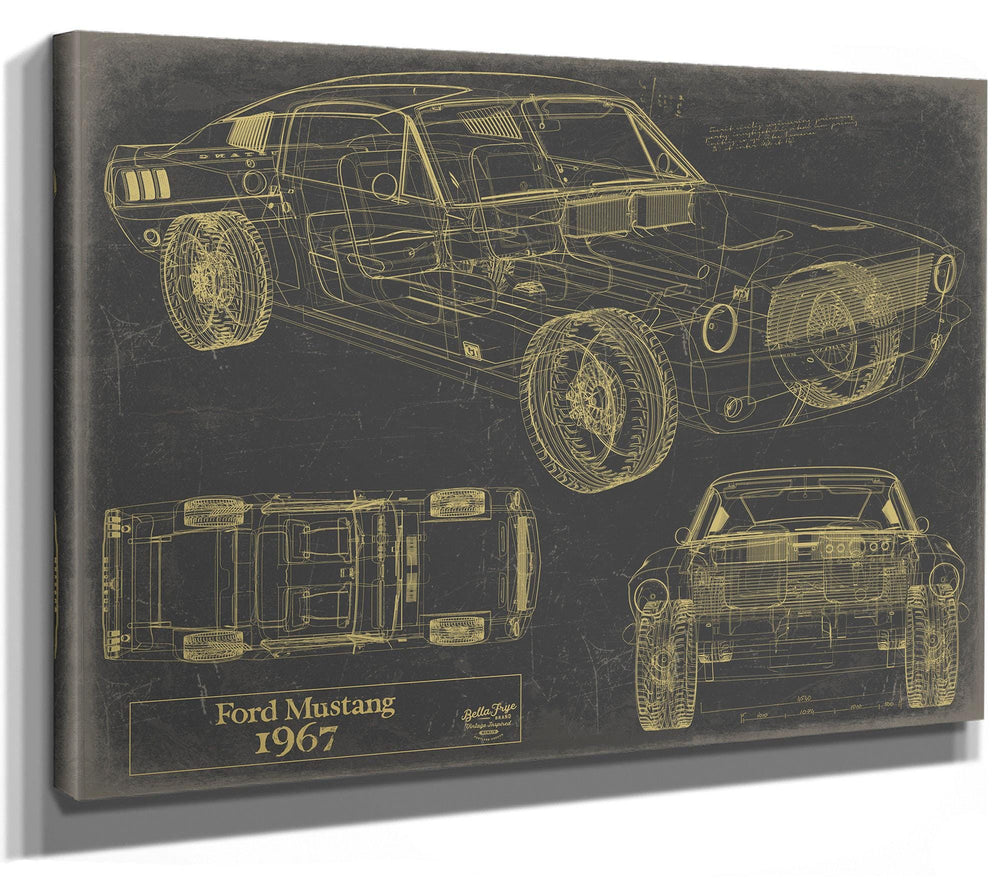 Cutler West Ford Mustang 1967 technical blueprint with side, top, and front views in gold on grey canvas