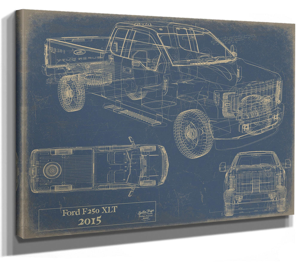 Cutler West Ford F-250 XLT 2015 blueprint on blue canvas wrap showing multiple vehicle views