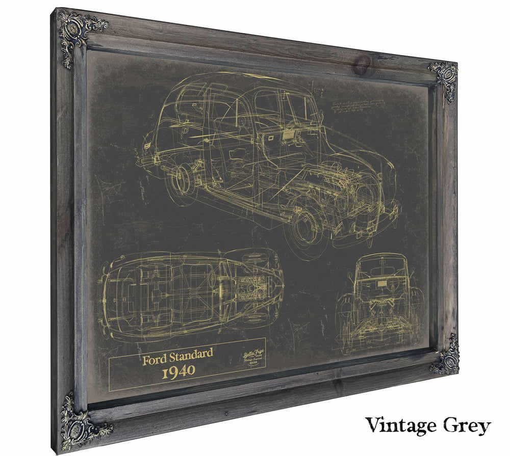 Cutler West Ford Standard 1940 blueprint print in black frame with vintage grey background showing side, top, and front views