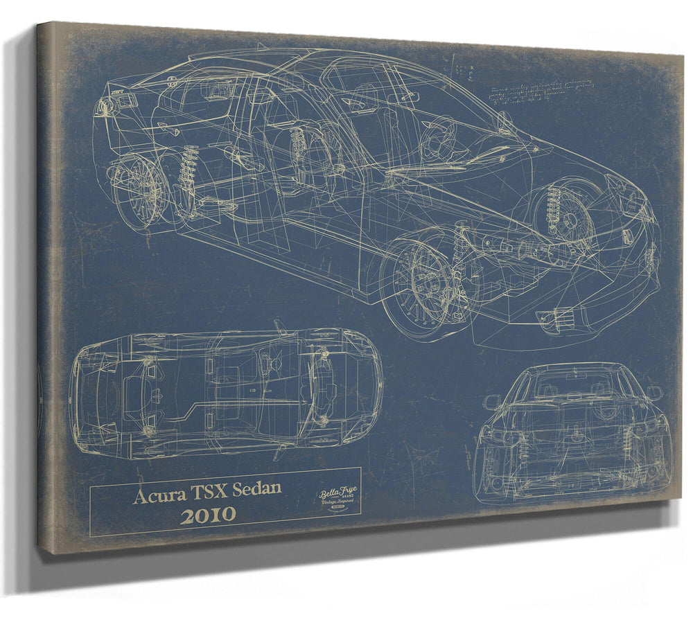 Cutler West Acura TSX Sedan 2010 blueprint with multiple views on blue background stretched canvas