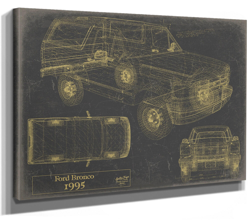 Cutler West 1995 Ford Bronco technical blueprint with multiple views on grey stretched canvas