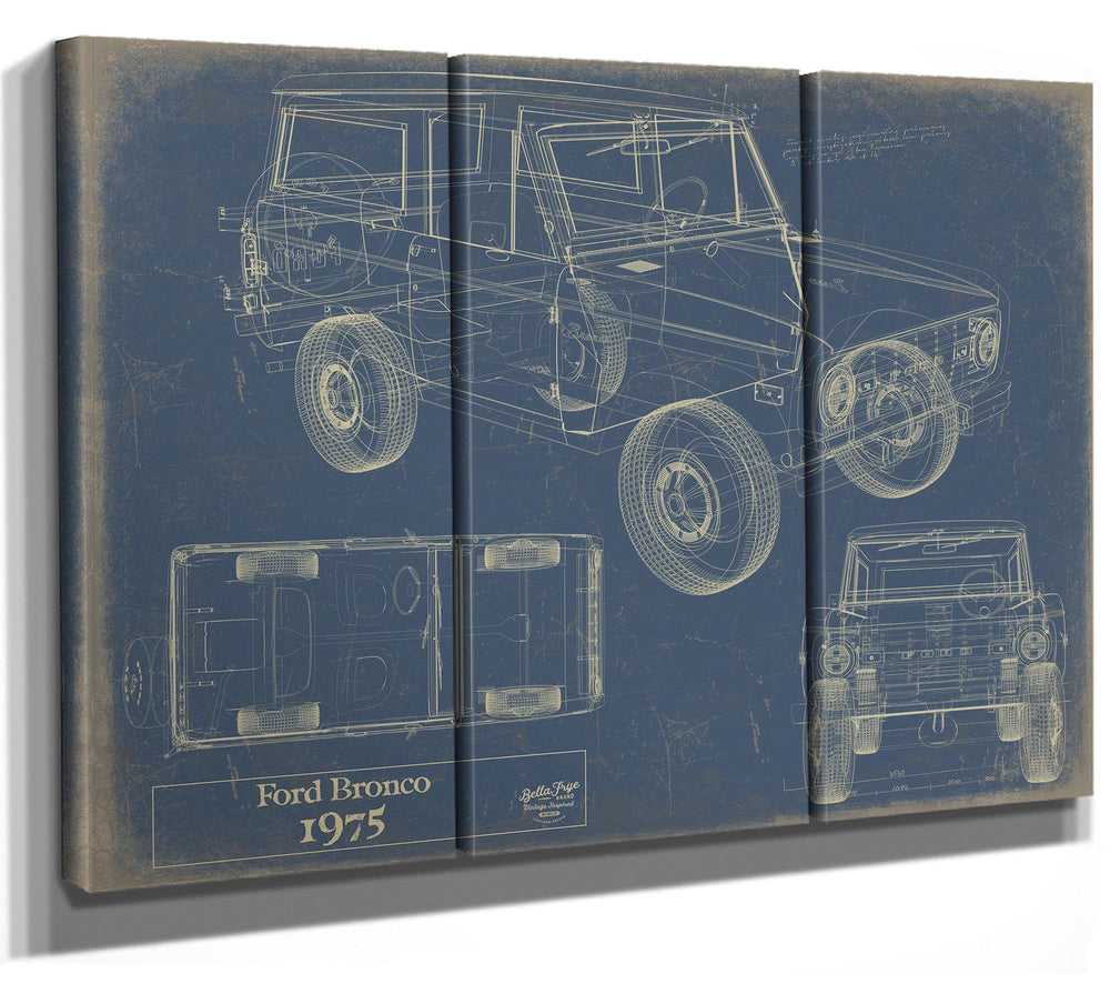 Cutler West 1975 Ford Bronco blueprint in gold lines on grey stretched canvas showing side, top, and front views