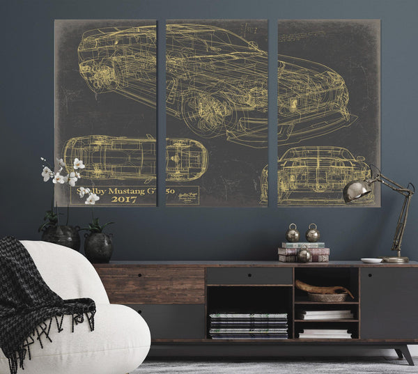 Cutler West Vintage 2017 Mustang Car Model Print, Original Blueprint Canvas, Framed, or Unframed Art
