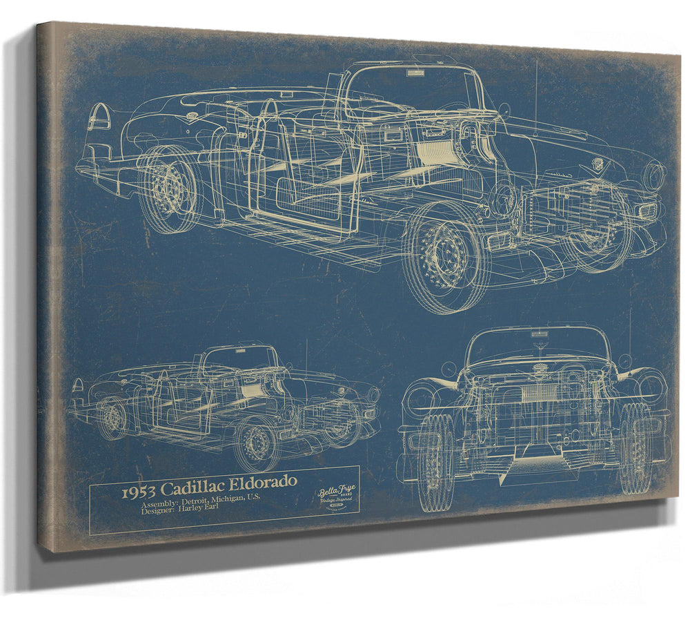 Cutler West 1953 Cadillac Eldorado technical blueprint on blue background, stretched canvas wrap