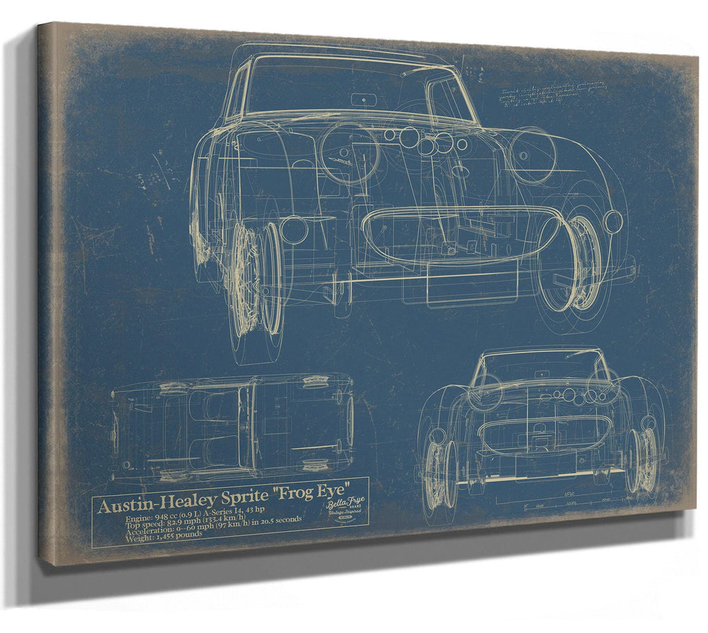 Cutler West Austin-Healey Sprite Frog Eye technical blueprint on blue canvas showing front, side and rear views