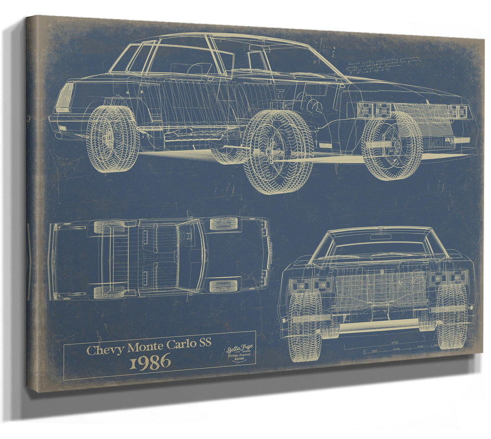 Cutler West 1986 Chevy Monte Carlo SS blueprint with side, top, and front views on blue background, stretched canvas