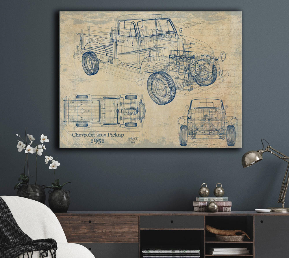 Cutler West 1951 Chevrolet 3100 Pickup technical blueprint on blue stretched canvas with side, top and front views