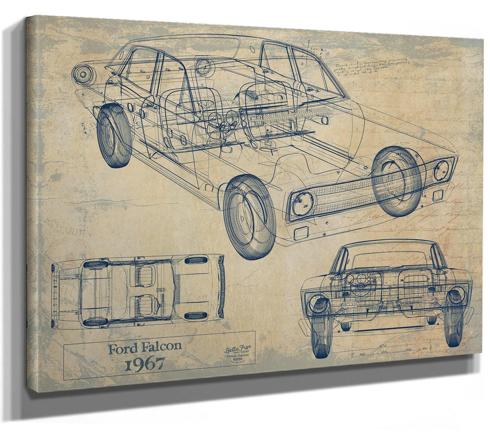 Cutler West 1967 Ford Falcon blueprint with multiple view angles on brown canvas wrap