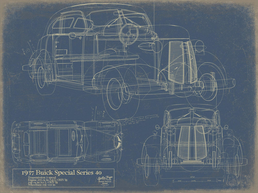 Cutler West 1937 Buick Special Series 40 blueprint with multiple views on brown stretched canvas