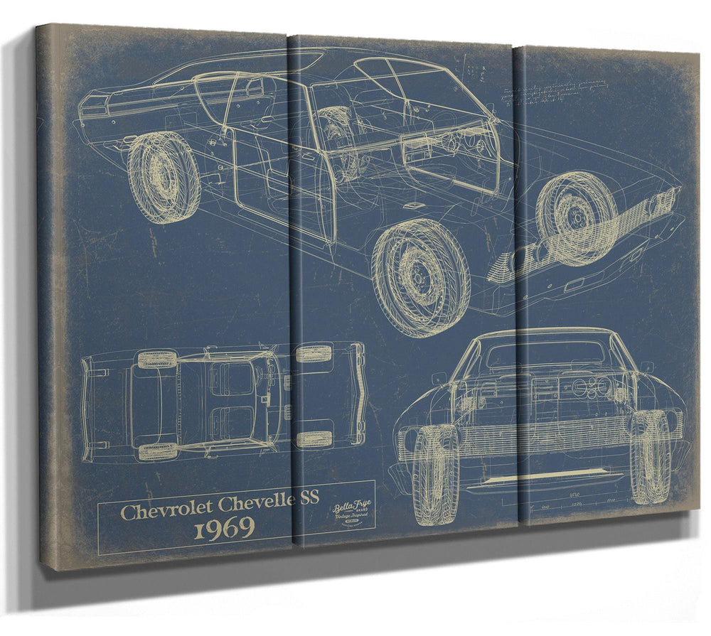 Cutler West 1969 Chevrolet Chevelle SS blueprint with three views on brown stretched canvas wrap